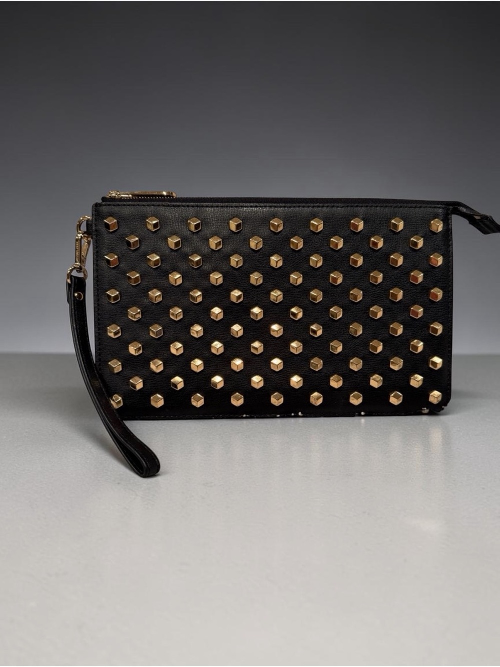 Michael Kors Daniela Black Leather Gold Pyramid Studded Wristlet Clutch